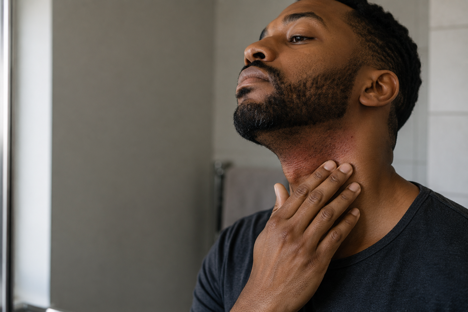 A Black man tilting his head back and touching the reddened, inflamed skin along his jaw and neck