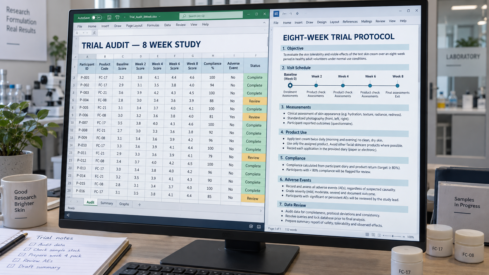 A computer monitor on a lab desk displaying a split-screen of a trial audit spreadsheet and an eight-week trial protocol document, with a notepad, mug, apothecary jars and sample folders in the foreground