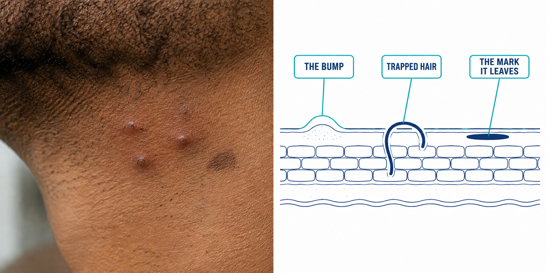 Split panel: close-up of red inflamed bumps with ingrown hairs and a hyperpigmented patch on the jawline beside a cross-section diagram of a lesion, a looped hair follicle and a pigment mark
