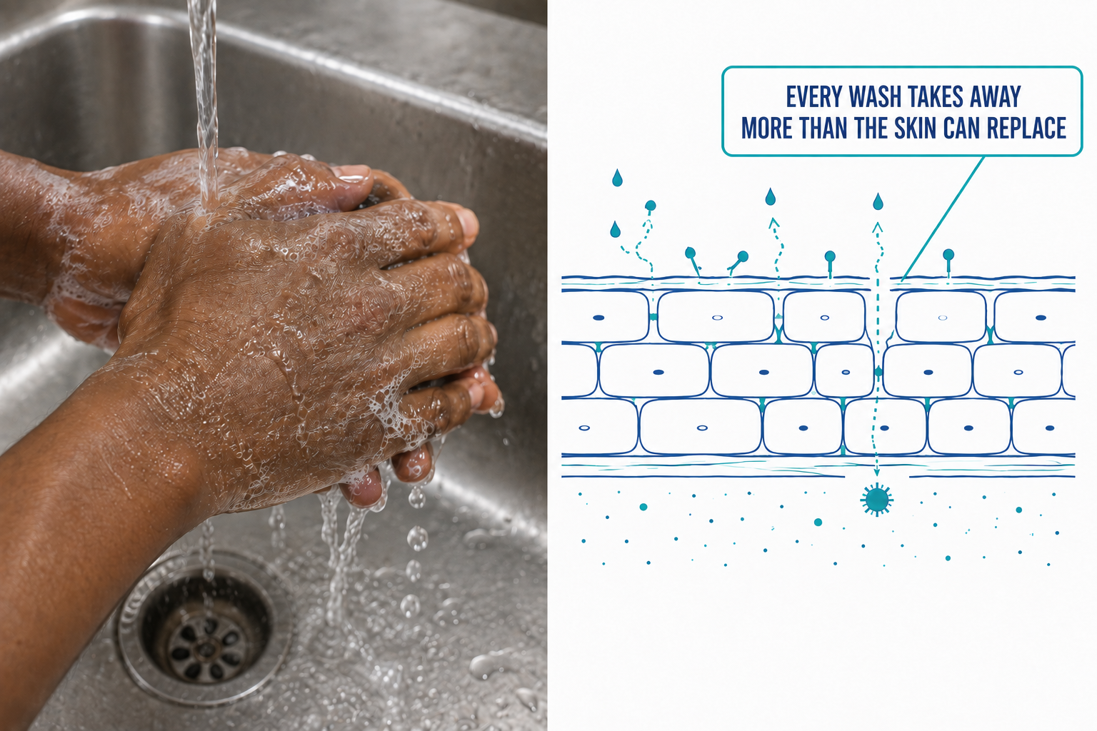 Split panel: hands lathered under running water beside a cross-section diagram of skin cells with an irritant penetrating the barrier