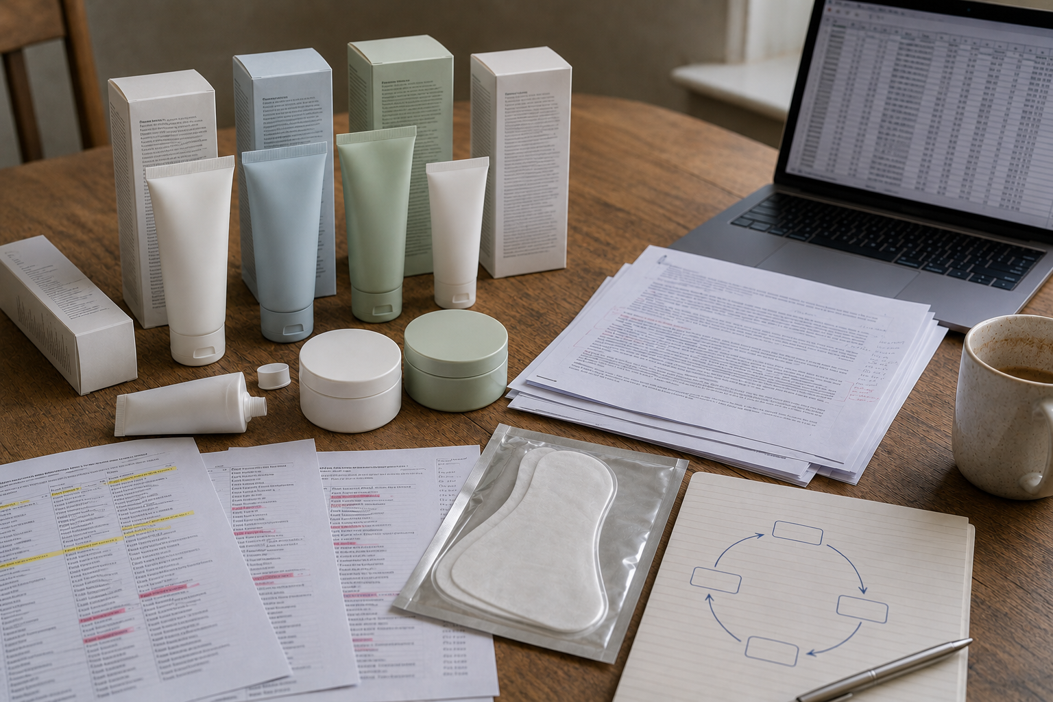Overhead view of a wooden audit desk with foot cream tubes and tubs, printed ingredient lists, journal papers, a laptop spreadsheet and a hand-drawn cycle diagram