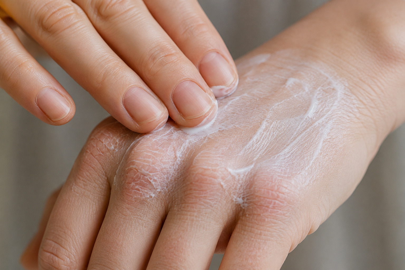 Close-up of a hand with dry, irritated, flaking skin as a dollop of white cream is massaged across the knuckles