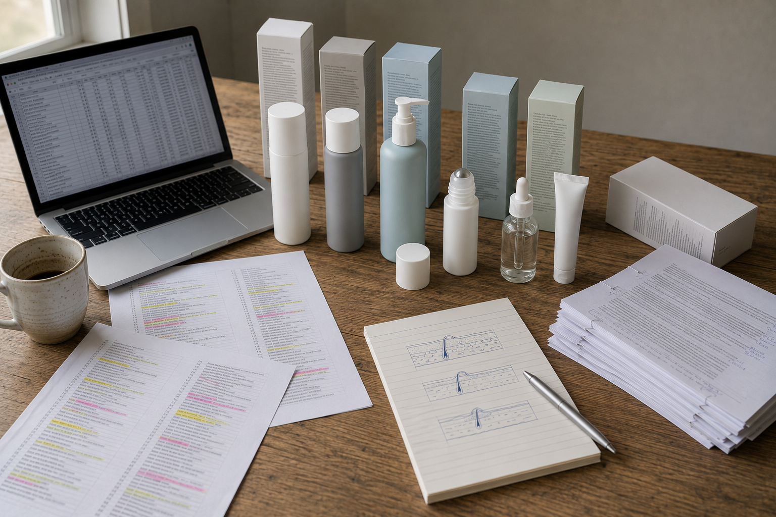 Audit desk: ingrown-hair treatment bottles, roll-ons and tubes arranged on a wooden table beside printed ingredient lists, a notebook with hand-drawn skin cross-sections and a laptop showing a spreadsheet