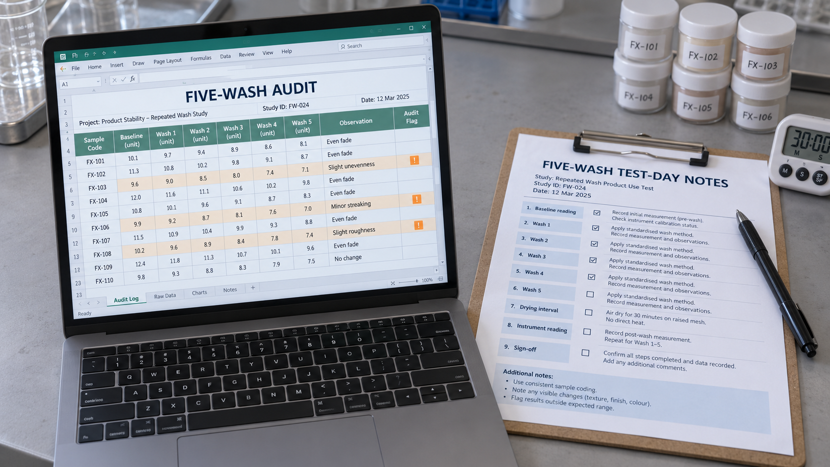 Audit spreadsheet and five-wash test-day notes on screen