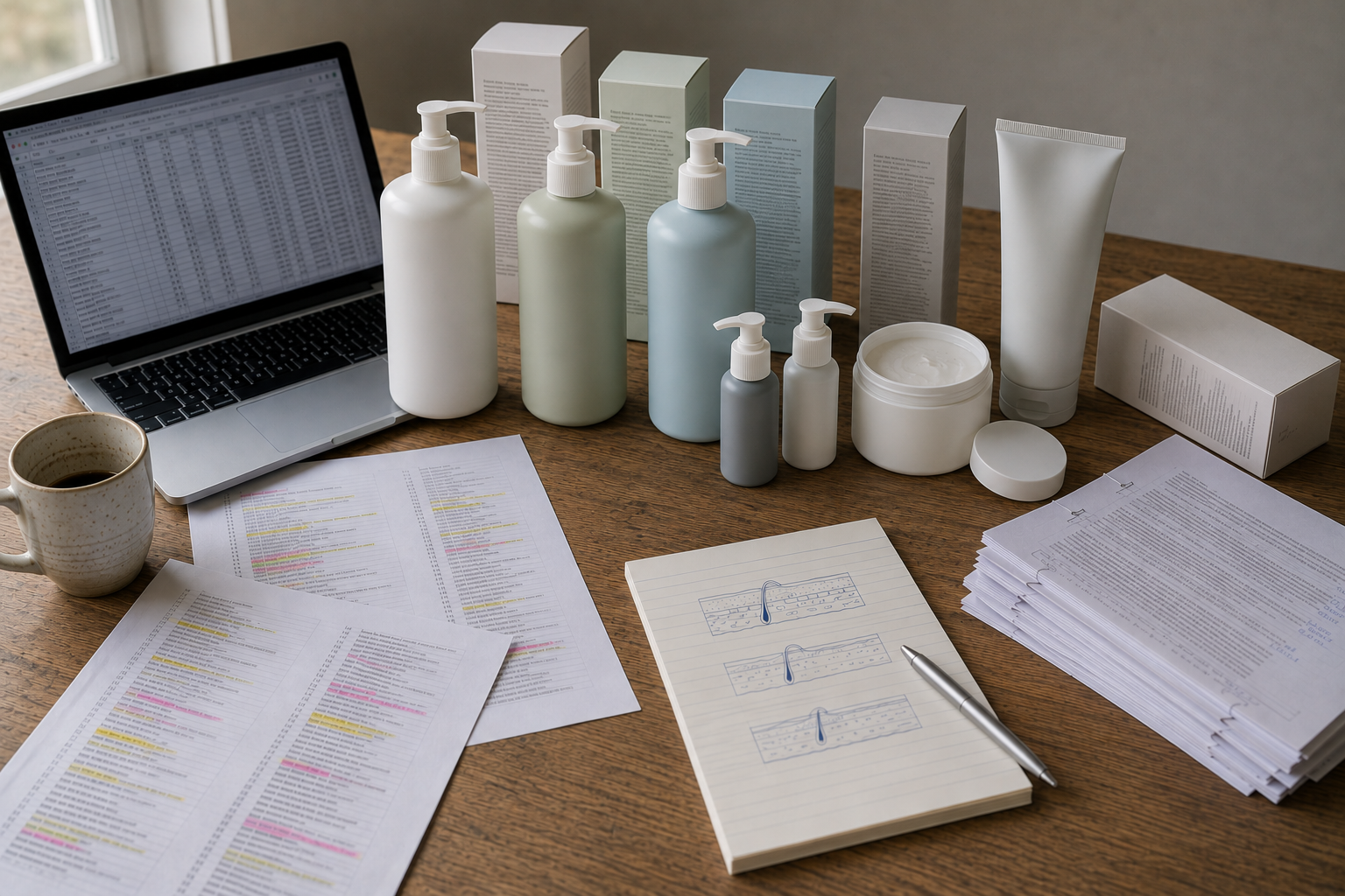 Audit desk: skincare tubs, pump bottles and jars arranged on a wooden table beside printed ingredient lists marked with highlighter, a notebook with hand-drawn follicle sketches and a laptop showing a spreadsheet