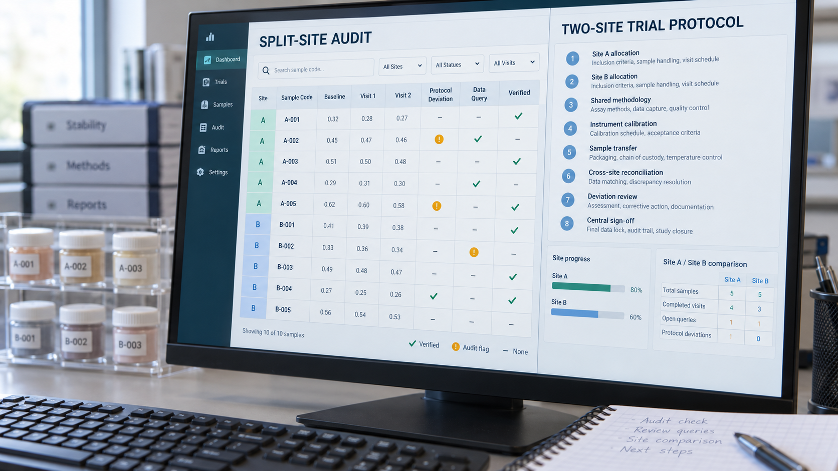 Desktop monitor displaying a split-site audit software interface with a data grid, protocol steps and site comparison charts, on a desk with a keyboard and notebook
