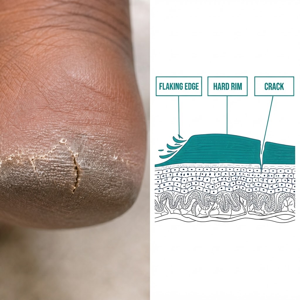 Split panel: macro photograph of a cracked heel beside a teal line cross-section diagram of the surface layer with three labelled boxes — Flaking Edge, Hard Rim and Crack