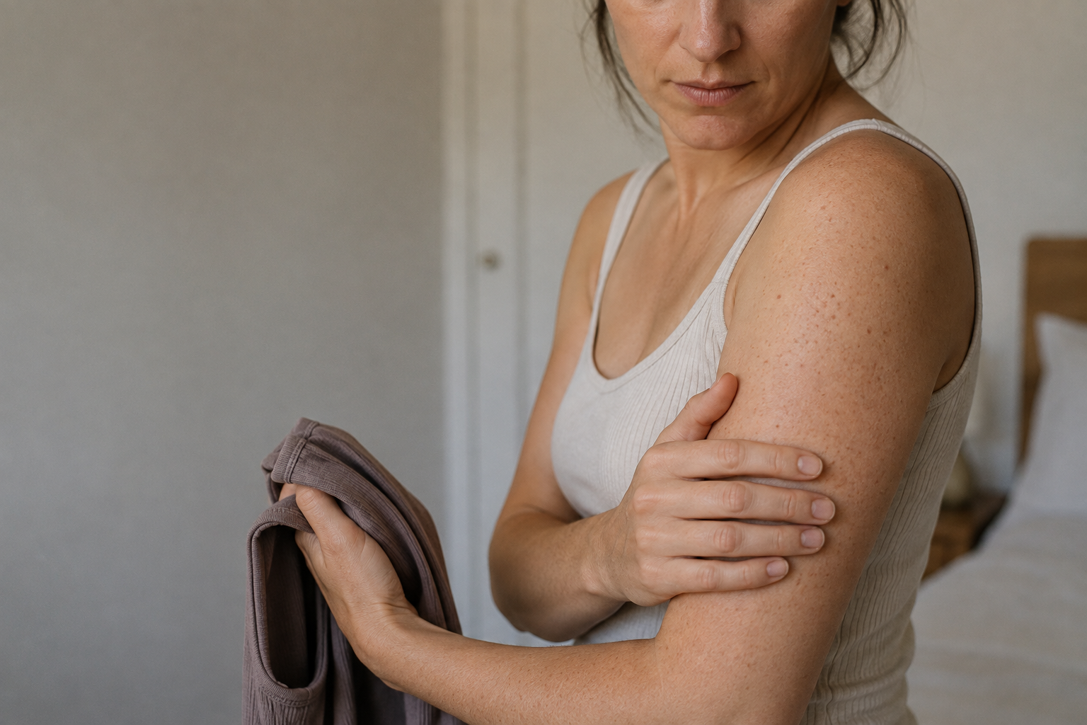 A woman in a beige tank top running her hand over the small red bumps on her upper arm