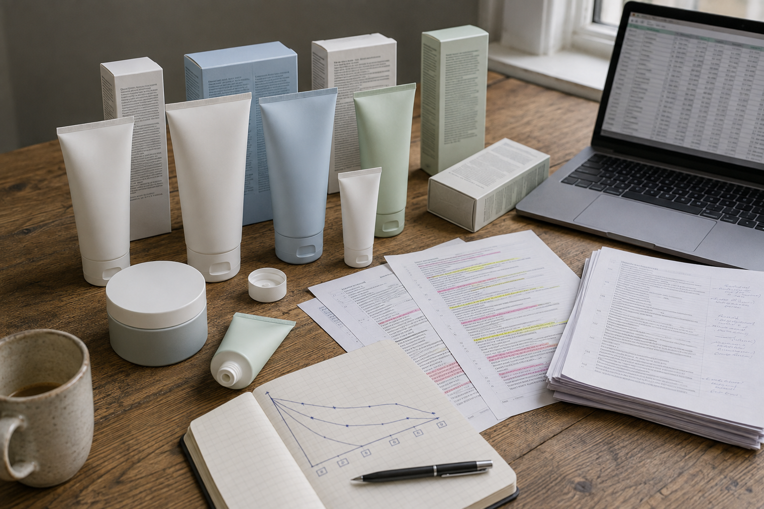 Audit desk: hand-cream tubes, jars and boxes arranged on a wooden table beside printed ingredient lists marked with highlighter, a notebook with a hand-drawn graph and a laptop showing a spreadsheet