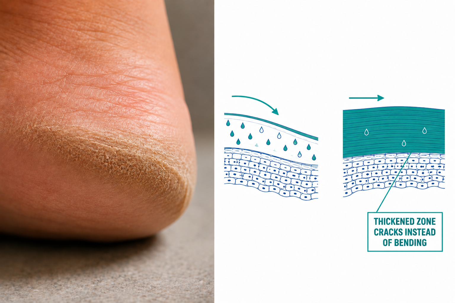 Split panel: close-up photograph of a cracked heel beside a teal line diagram showing normal skin flexing with hydration versus a thickened zone that cracks instead of bending