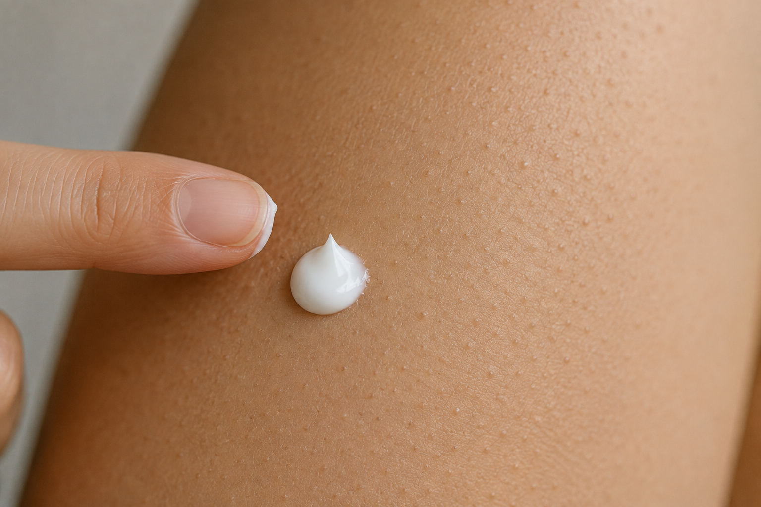 Close-up of a fingertip applying a dollop of white cream to bumpy, textured skin on an arm
