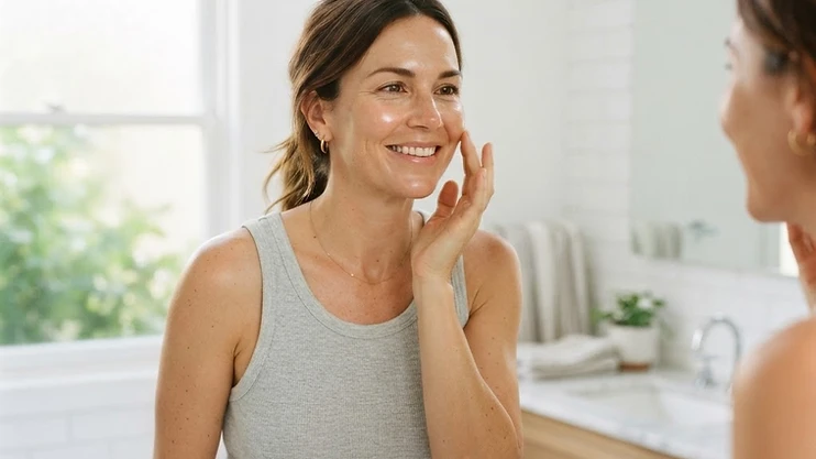 A smiling woman in her thirties checks her skin in a bright bathroom mirror.