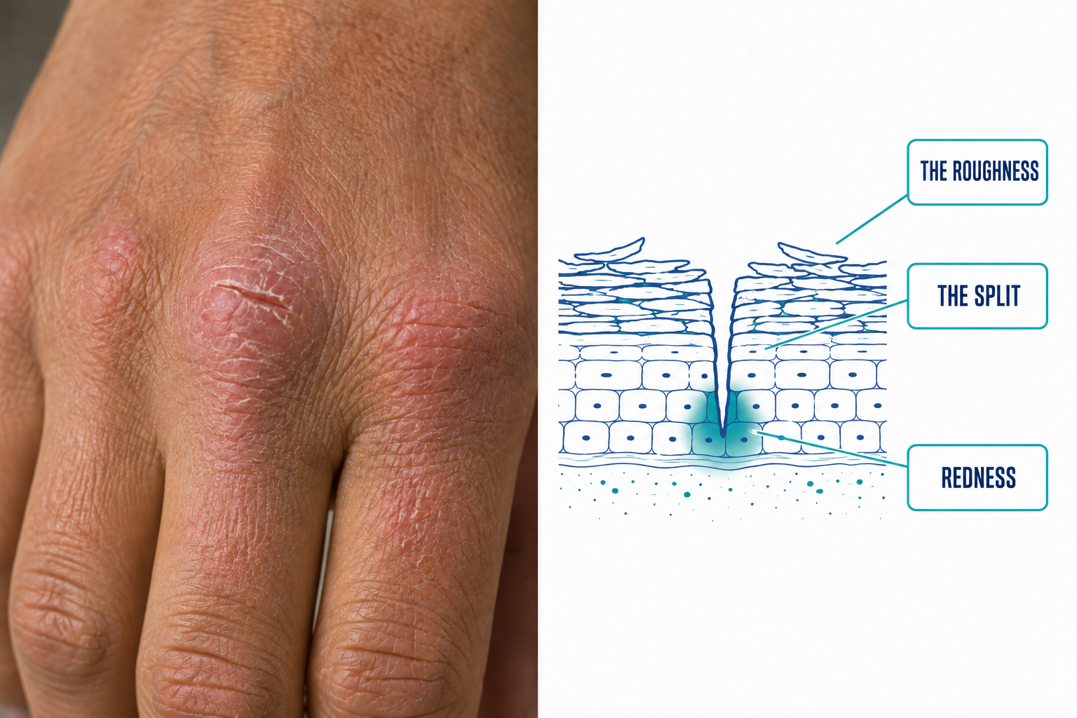 Split panel: close-up of a hand with dry, cracked, red knuckles beside a cross-section diagram of the skin barrier showing a deep fissure and inflammation
