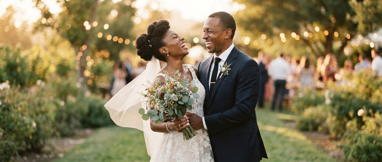 A couple laughing together at golden hour