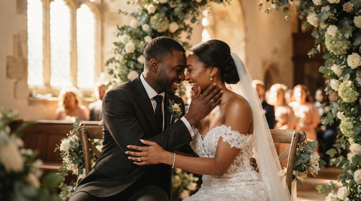 A couple sharing an intimate emotional moment during their wedding ceremony