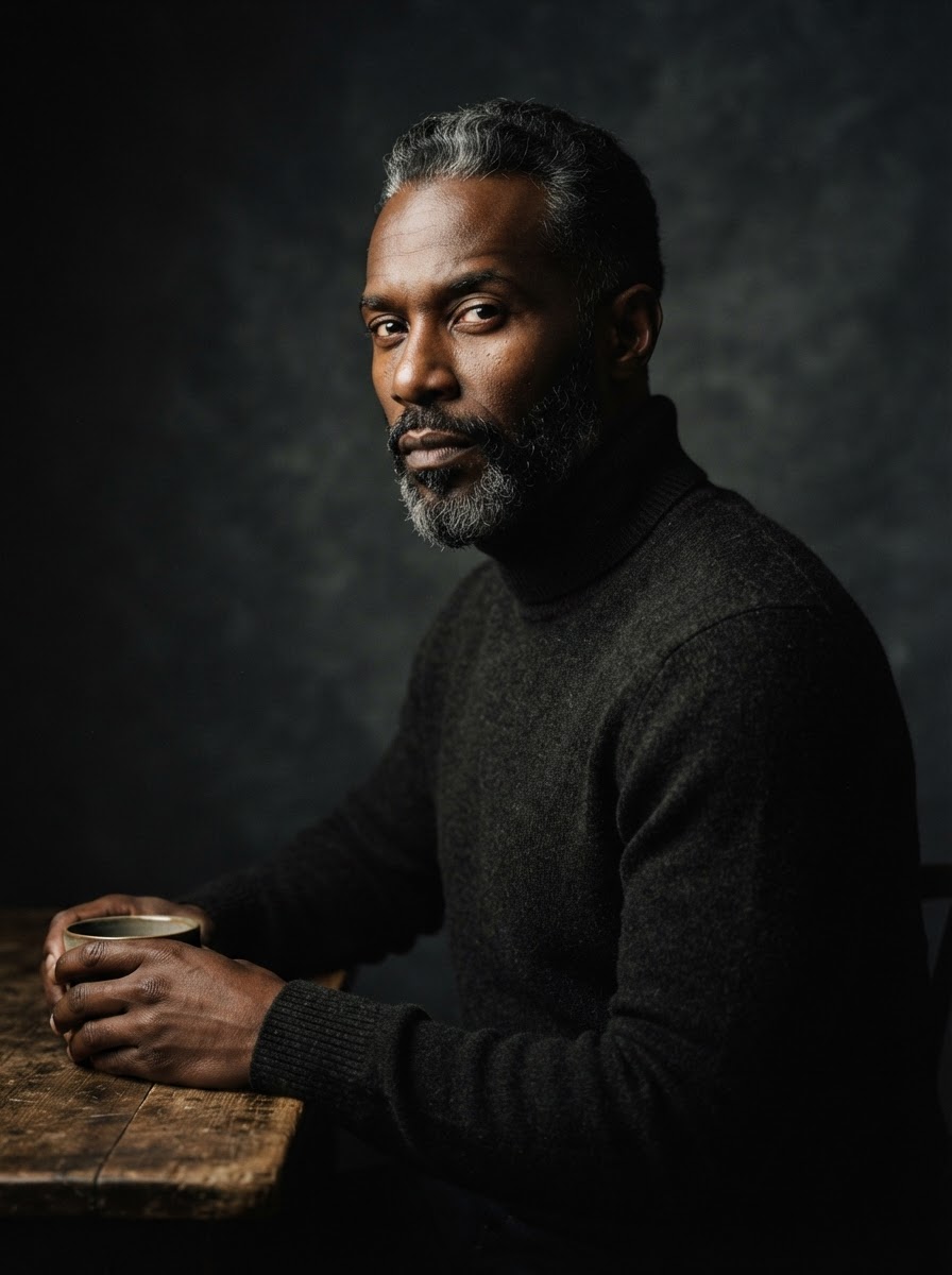 Dramatic editorial studio portrait of a man