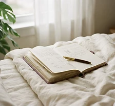 Open journal and pen on soft linen in morning light