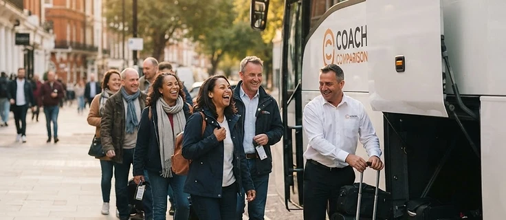 Happy customers boarding an executive Coach Comparison coach