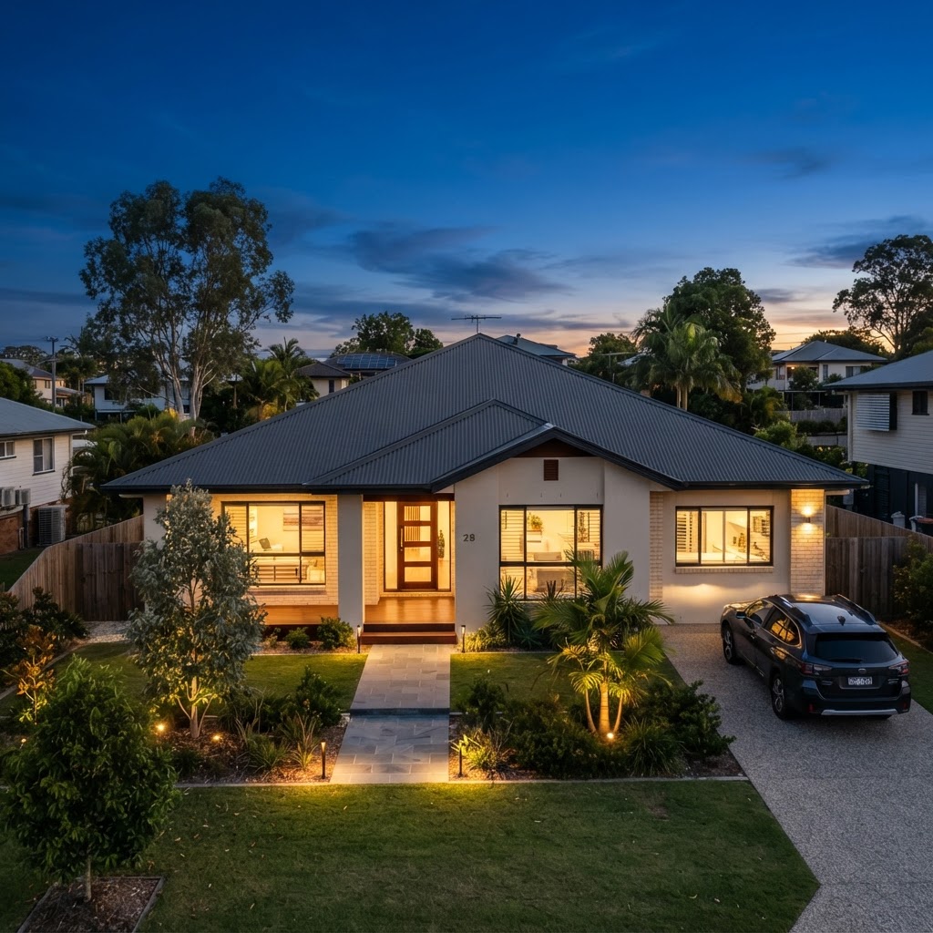 House with new roof at dusk