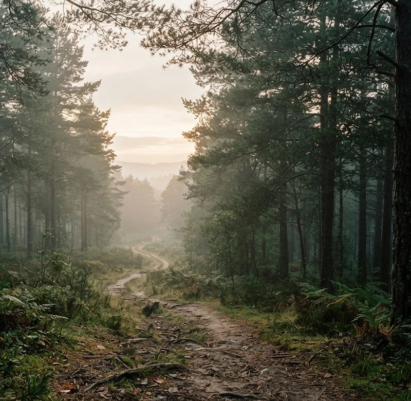 A woodland trail opening toward a distant horizon