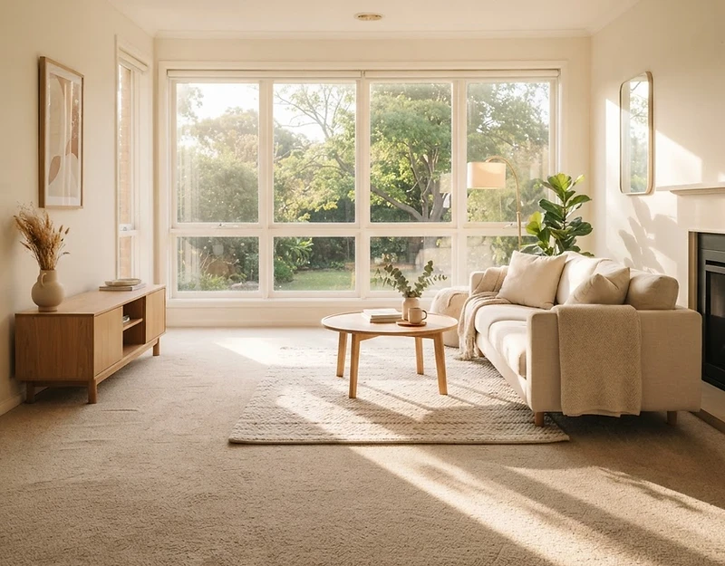 A bright, clean living room with fresh plush carpet in warm sunlight