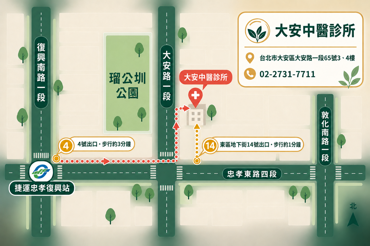 台北大安中醫診所交通位置圖：捷運忠孝復興站4號出口步行約3分鐘、東區地下街14號出口步行約1分鐘