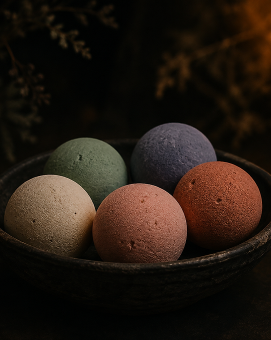 LOTÜS Bath Bombs arranged in a dark ceramic bowl with dried botanicals