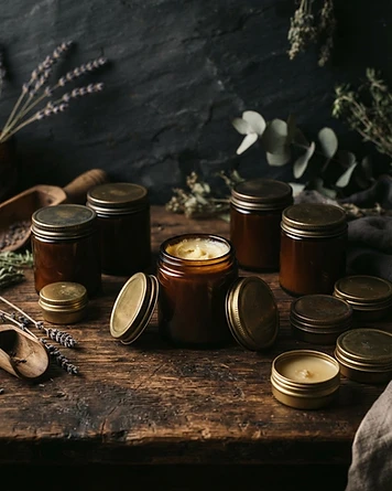 Handcrafted balm and salve jars made with rich butters and oils on walnut wood