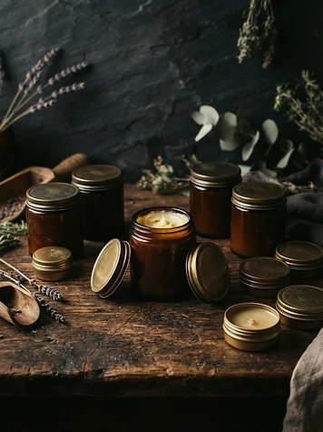 Amber glass jars and tins of handcrafted balm and salve on walnut wood