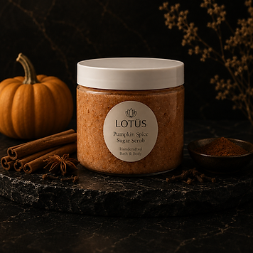 Pumpkin Spice sugar scrub in a clear jar by LOTÜS