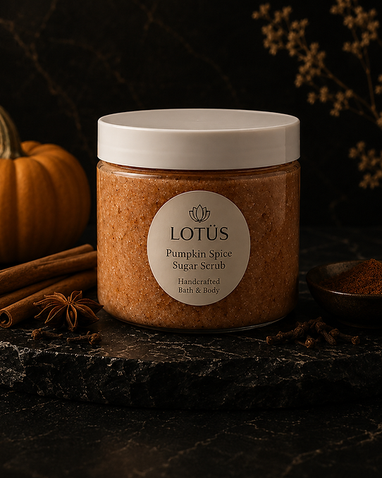 Pumpkin Spice sugar scrub in a clear jar by LOTÜS