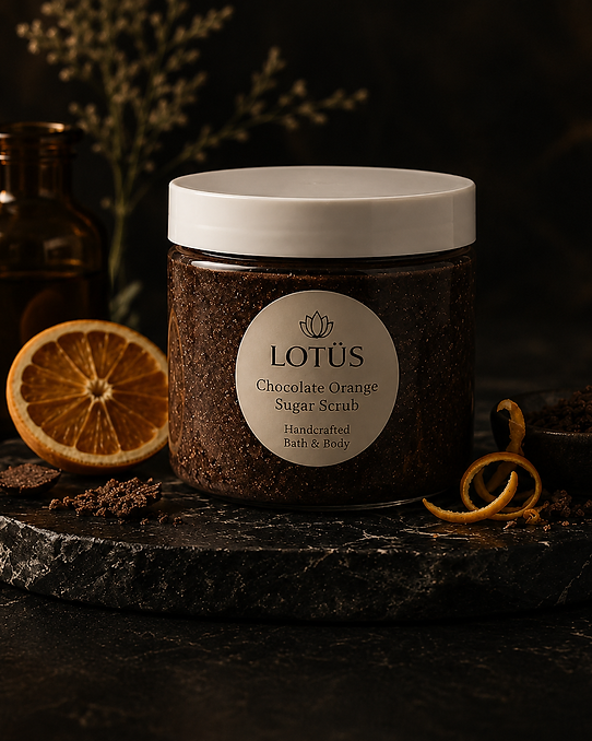 Chocolate Orange sugar scrub in a clear jar by LOTÜS