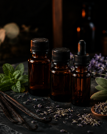 Amber glass dropper bottles surrounded by mint, sage, lavender and vanilla beans on a dark slate surface