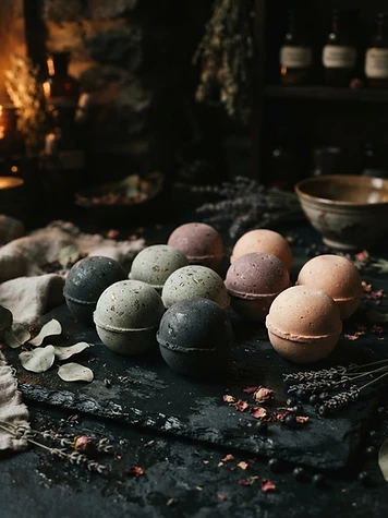Collection of round artisanal bath bombs in muted earthy tones