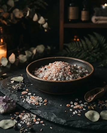Bowl of coarse mineral bath salts resting on a dark charcoal slate surface