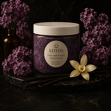 Lilac & Vanilla sugar scrub in a clear jar by LOTÜS