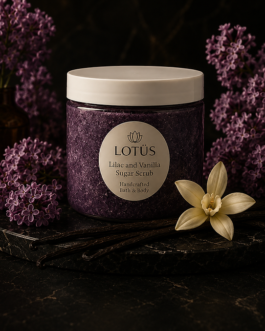 Lilac & Vanilla sugar scrub in a clear jar by LOTÜS