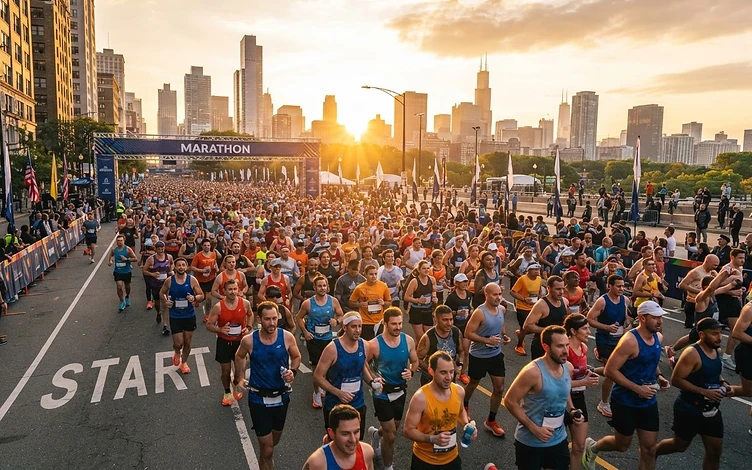 Grande grupo de corredores na largada de uma maratona urbana ao amanhecer