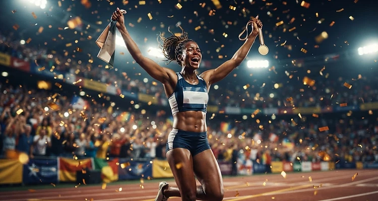Atleta celebrando vitória com confetes dourados