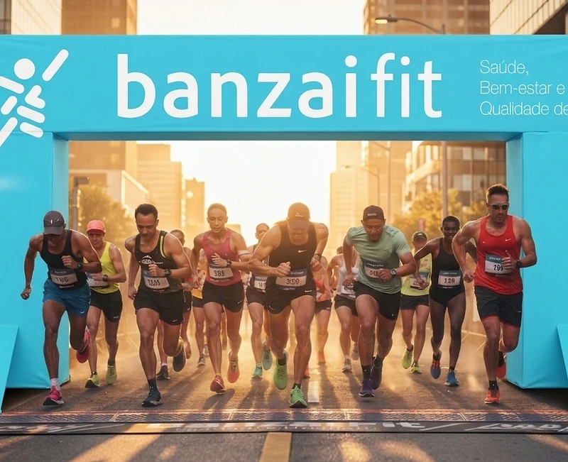 Arco de largada azul Banzai Fit com corredores em corrida urbana ao pôr do sol