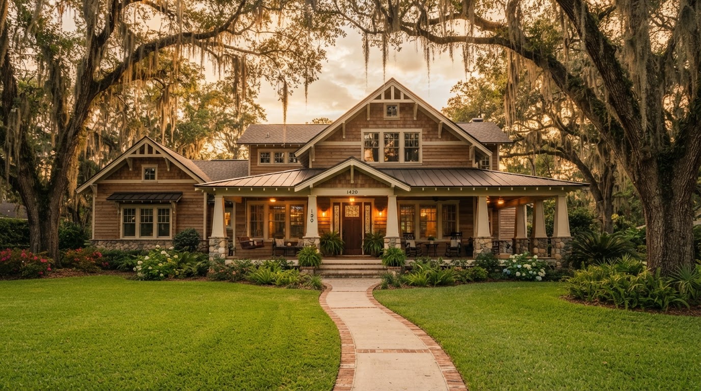 Beautiful North Central Florida home with live oak trees at golden hour