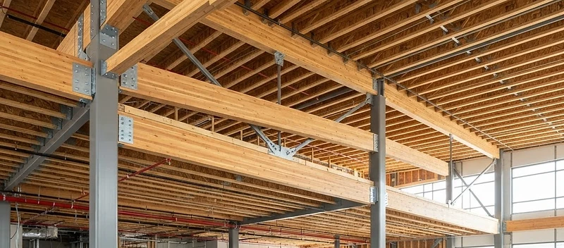 Engineered wood structural carpentry framing with LVL and steel beams