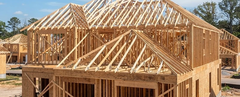 Wood framing structure of a new build with roof trusses
