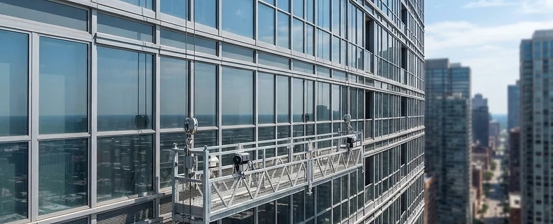 Suspended swing stage platform against a high-rise facade