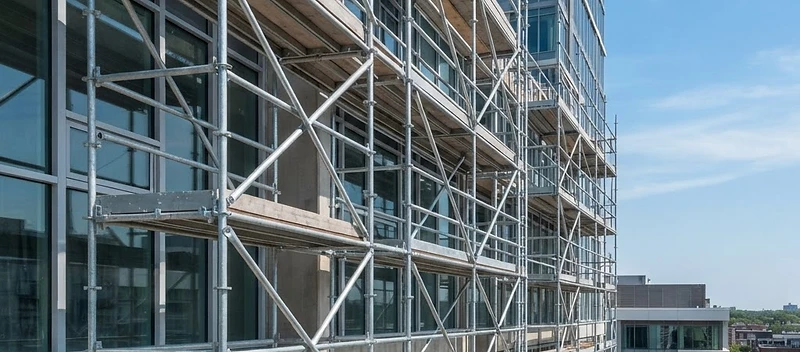Scaffold system being assembled on a building facade