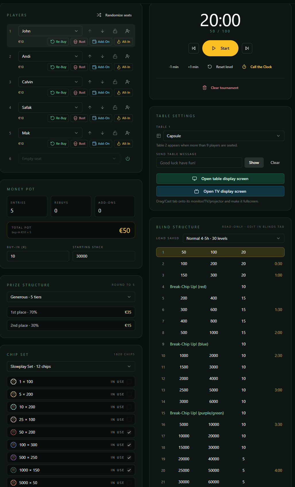 Live tournament control