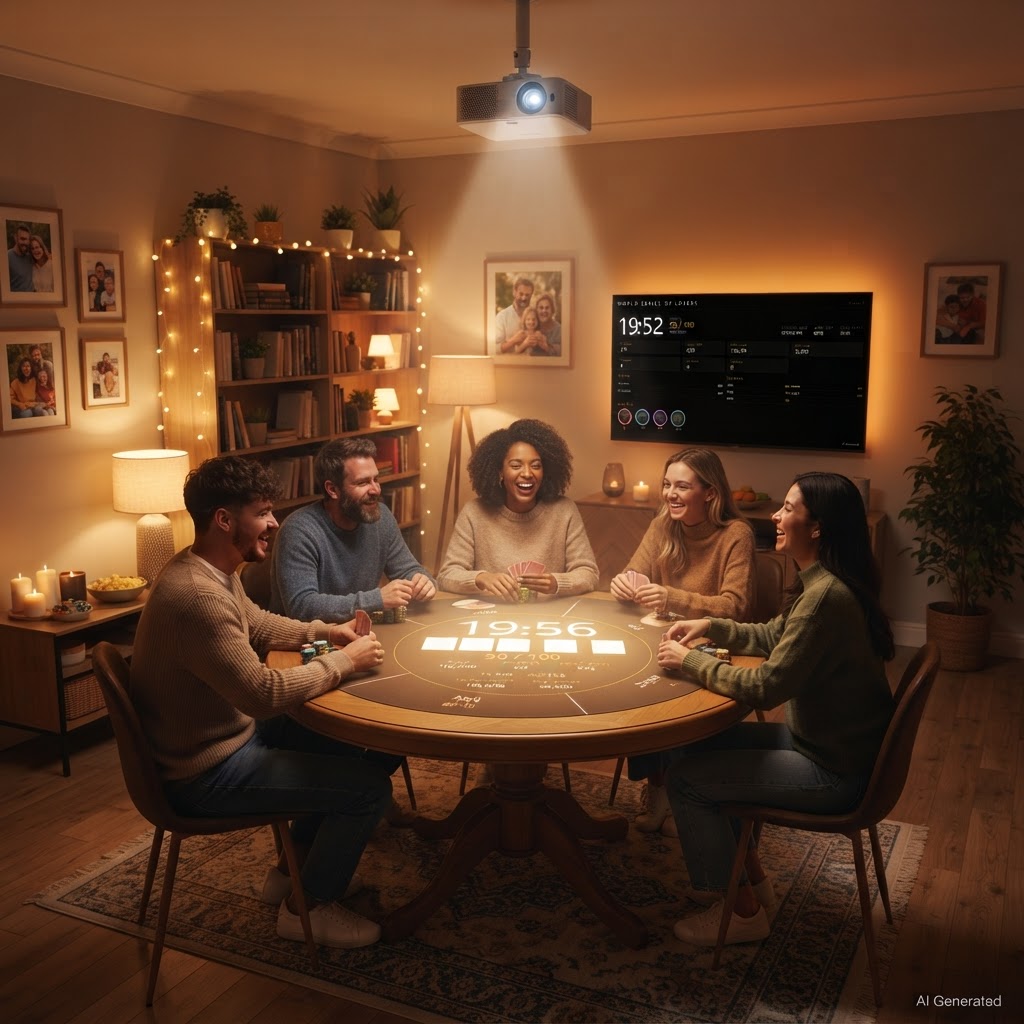 Players at a home game with the Table Master table view projected onto the table and the TV overview on the wall