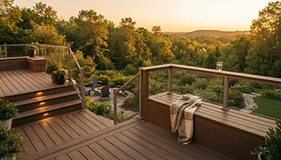 Finished custom multi-level deck overlooking a Durham Region backyard at golden hour