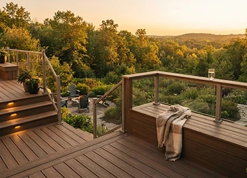 Multi-level custom deck overlooking a Durham Region backyard at golden hour