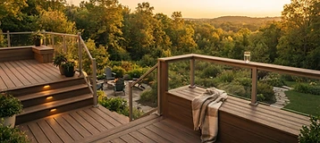 Multi-level custom deck at golden hour in the Durham Region